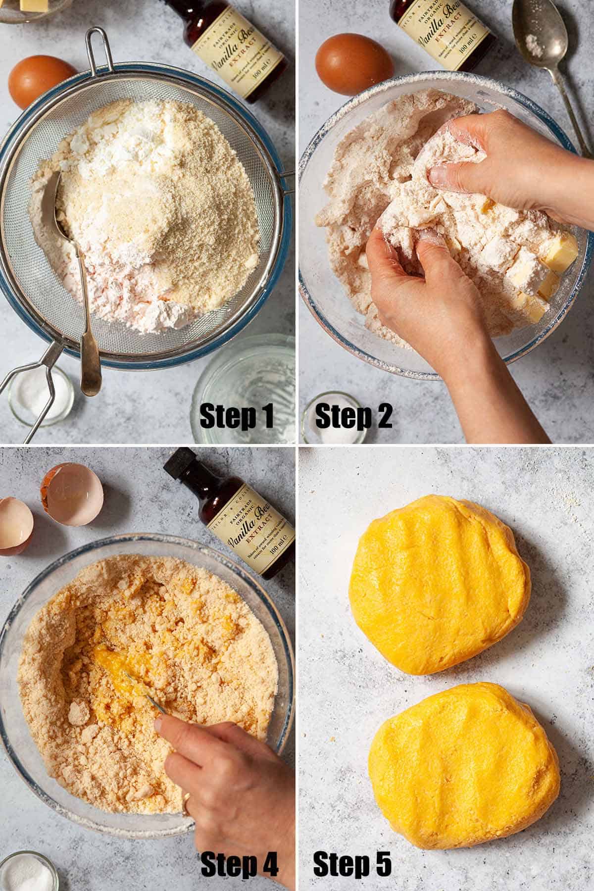 Collage of images showing cookie dough being made.