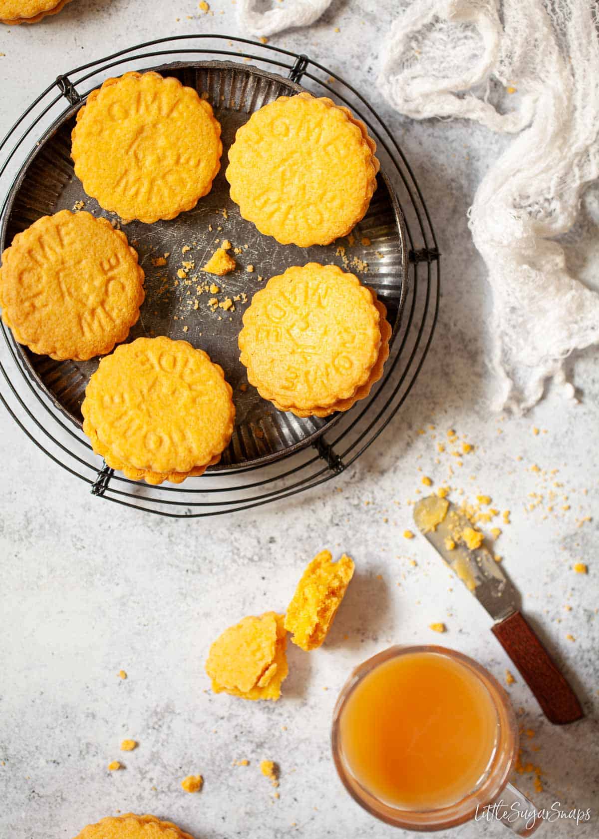 Overhead view of homemade custard creams on a plate.