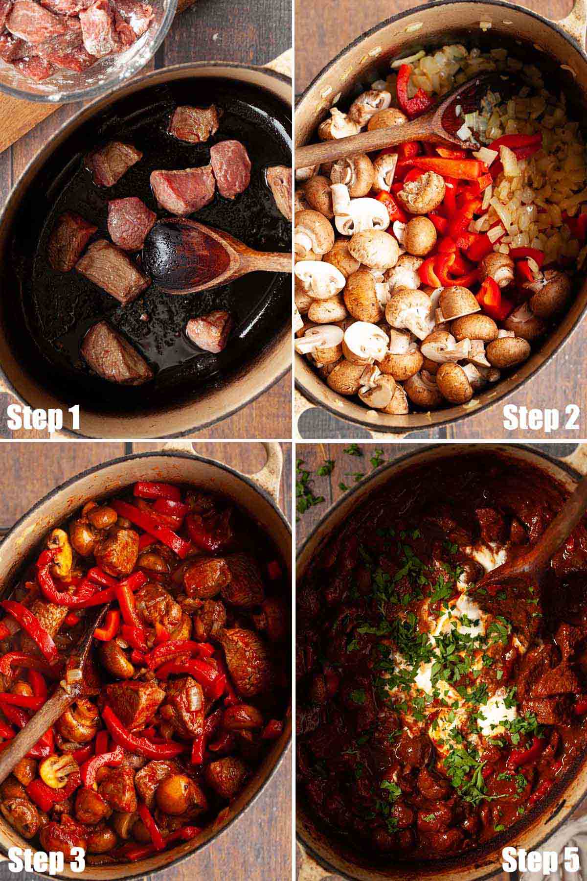 Collage of images showing paprika beef stew being made.