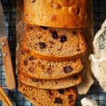 Close up of a sliced fruit tea bread.