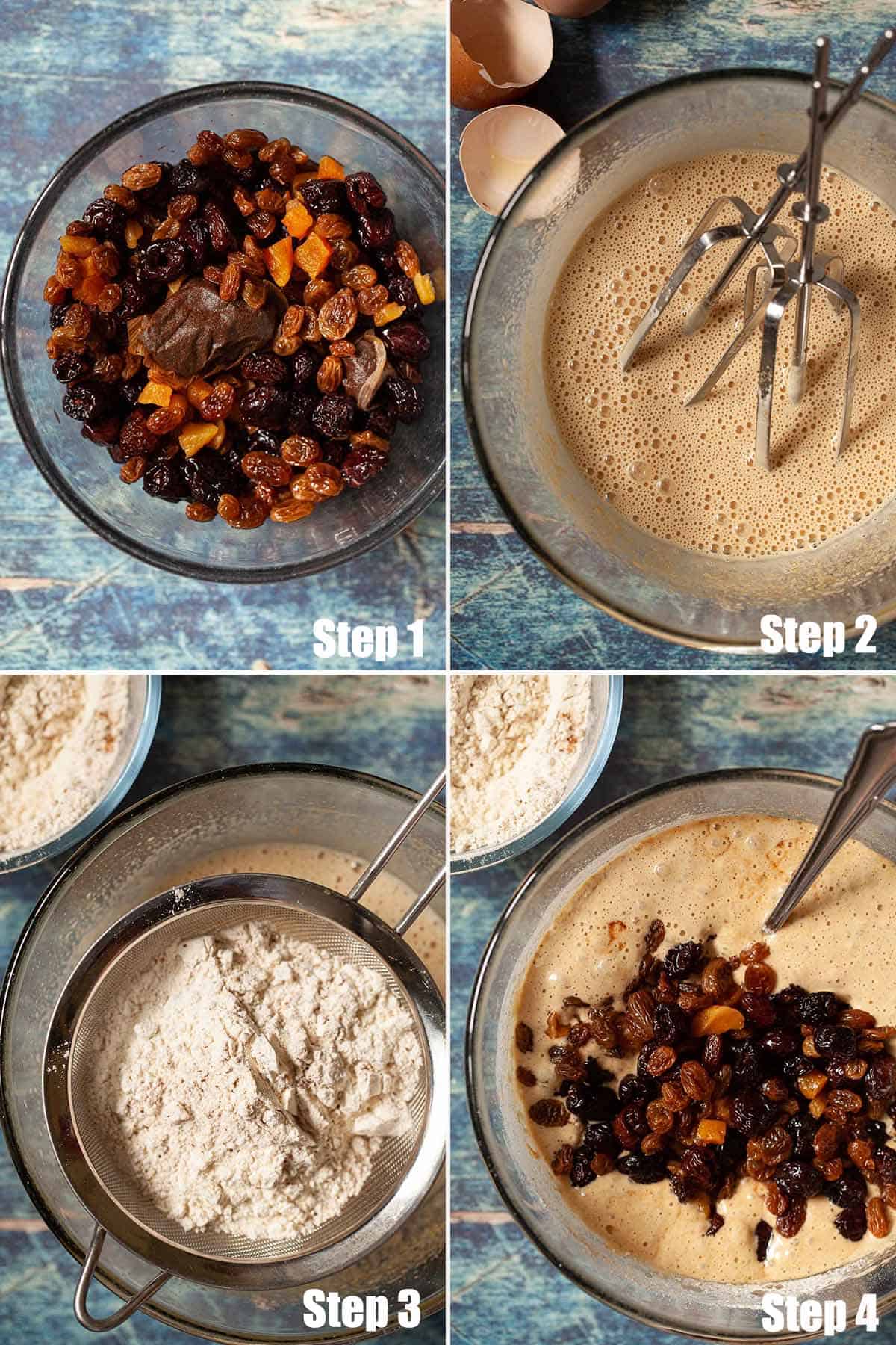 Collage of images showing fruit loaf being mixed.