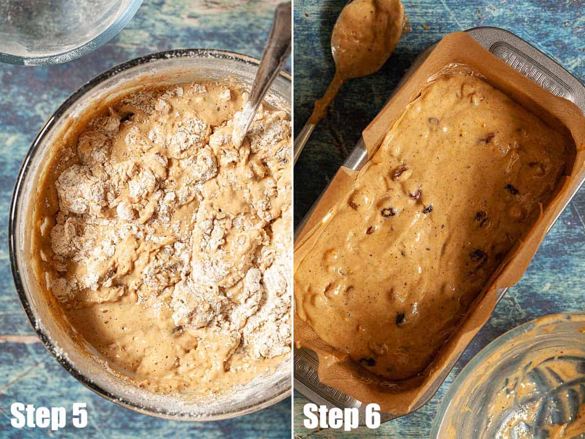 Collage of images showing fruit loaf being made and put into a baking tin.