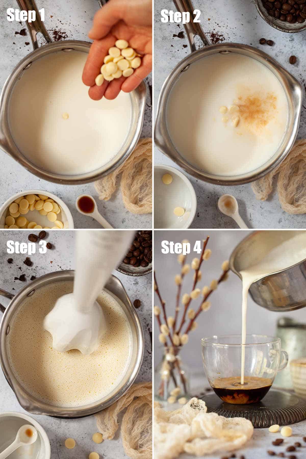 Collage of images showing a sweet coffee drink being made.