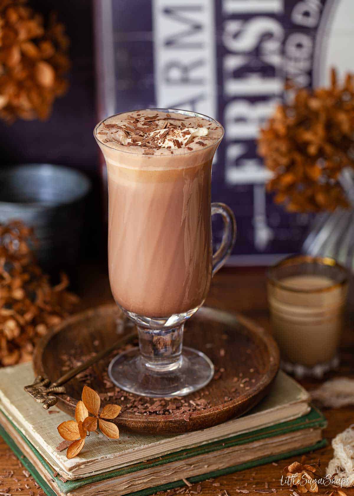 A Vintage glass holding Baileys Hot Chocolate with Baileys whipped cream.