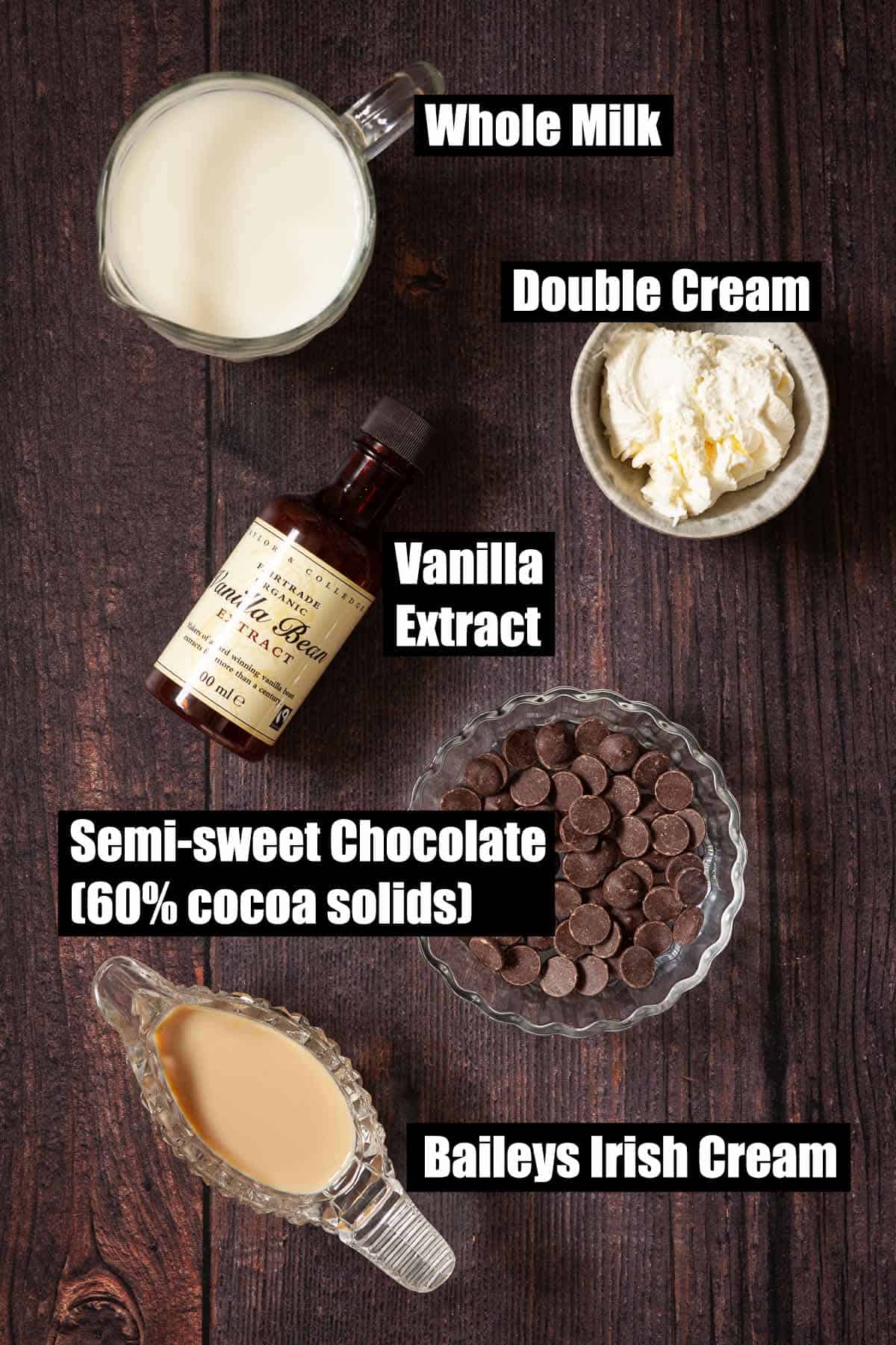 Ingredients for a hot milky drink with Irish Cream Liqueur.