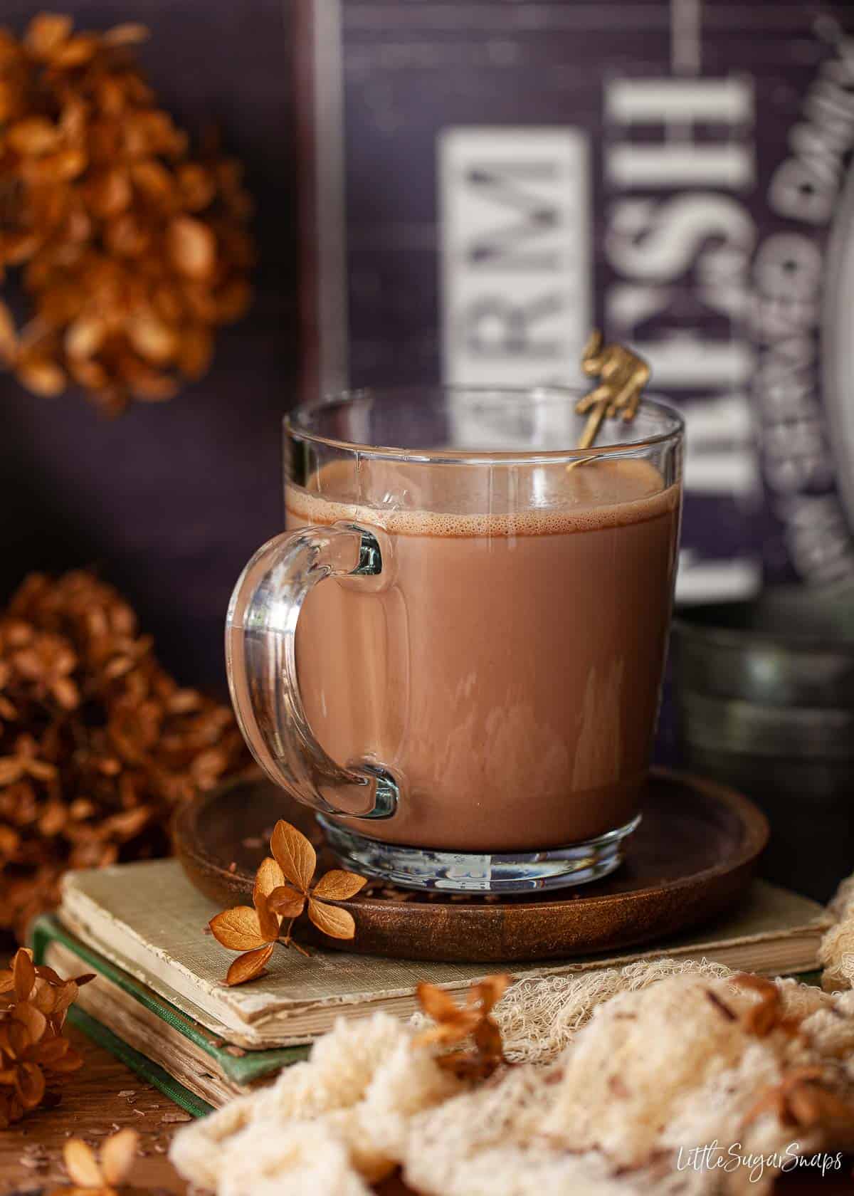 Hot chocolate flavoured with Baileys Irish Cream in a large glass mug.