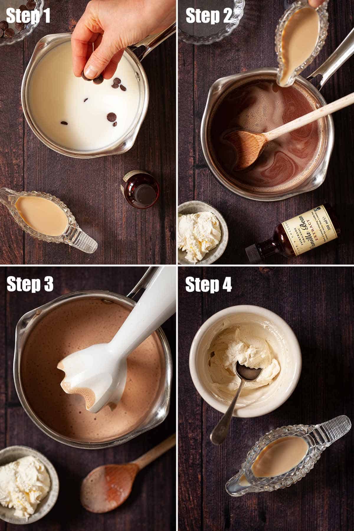 Step by step images to making a boozy chocolate drink.