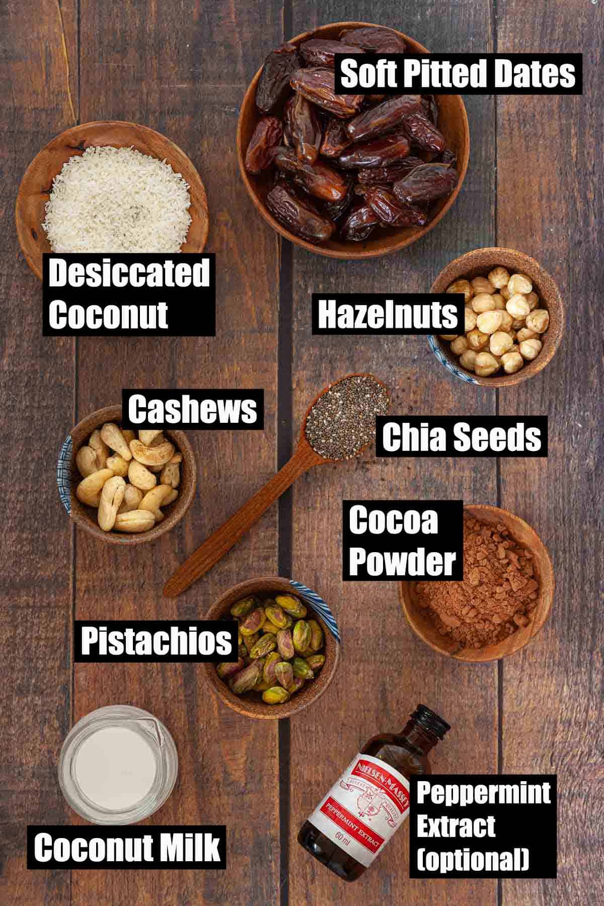 Ingredients for raw energy bites with text overlay.