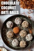 Chocolate Coconut Date Balls (Energy Balls) with text overlay.