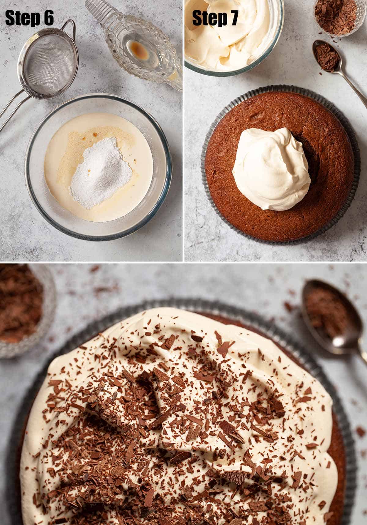 Collage of images showing a cake being decorated with whipped cream.