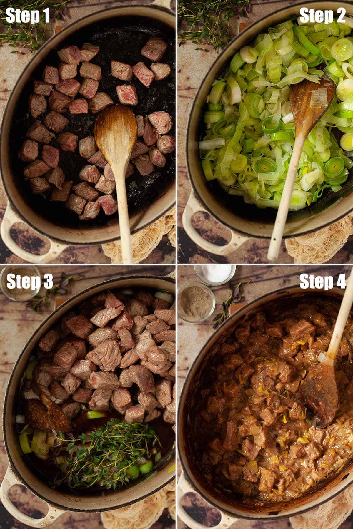 Collage of images showing steak and stilton pie filling being made.