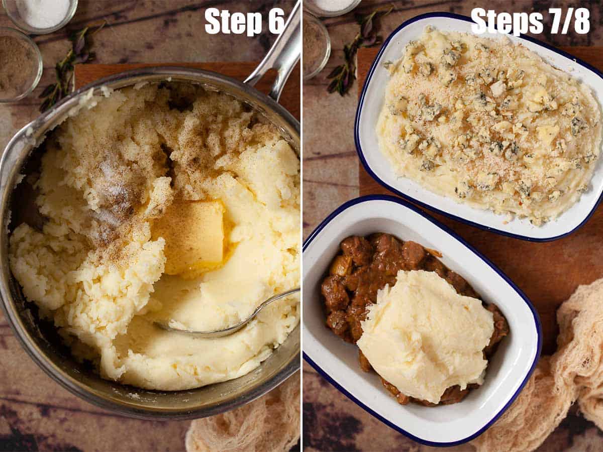 Collage of images showing  meat filling being topped with mashed potato.
