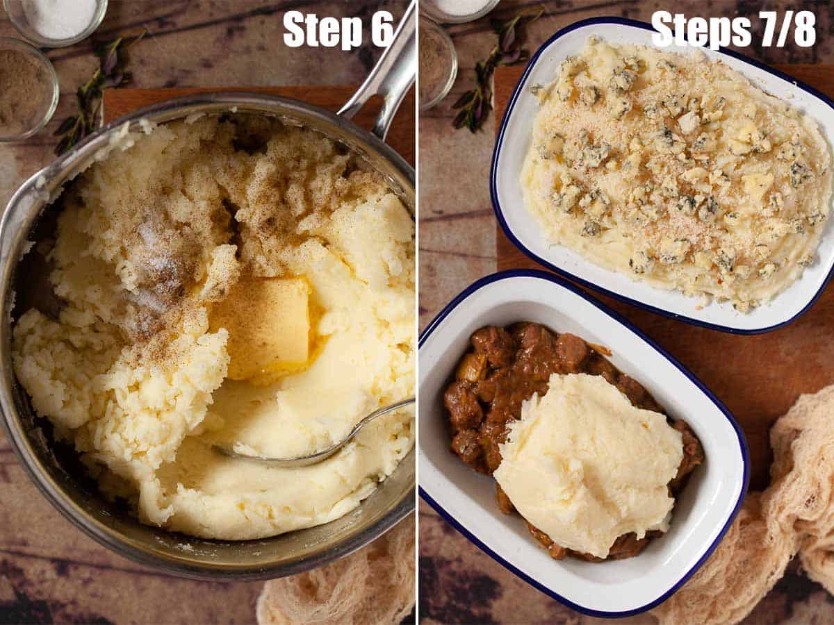 Collage of images showing meat filling being topped with mashed potato.