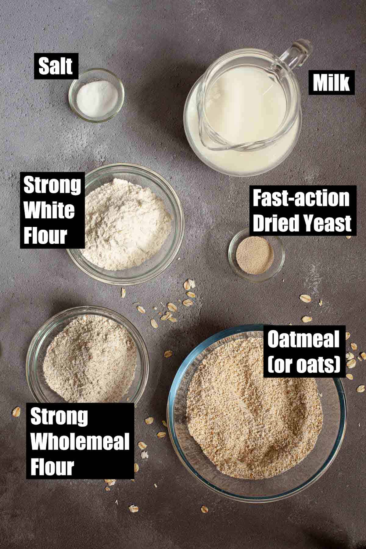 Ingredients for oat pancakes with text overlay.