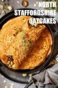 Staffordshire oatcakes with blue cheese and mushrooms plus text overlay.