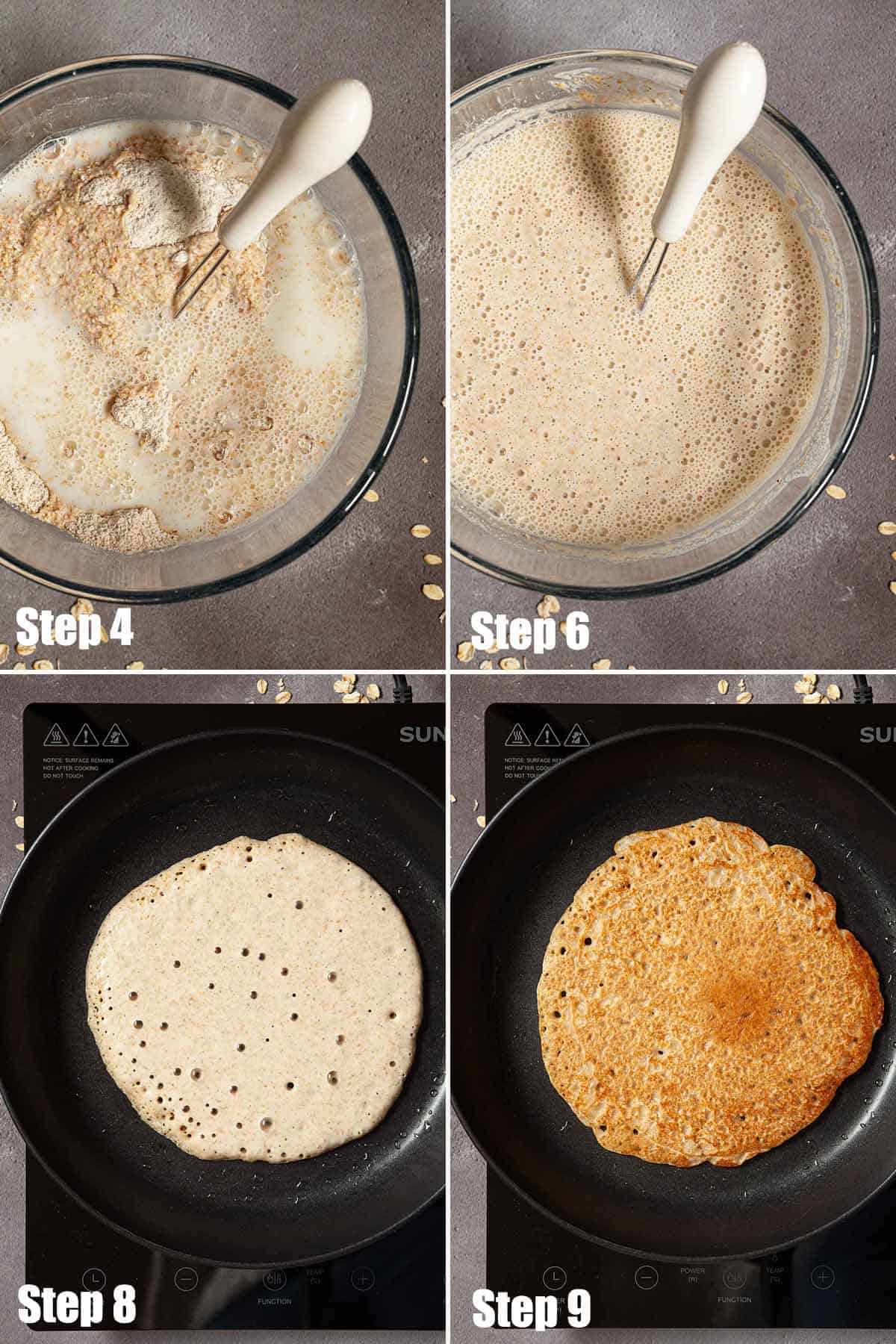 Collage of images showing oat batter being made and cooked.