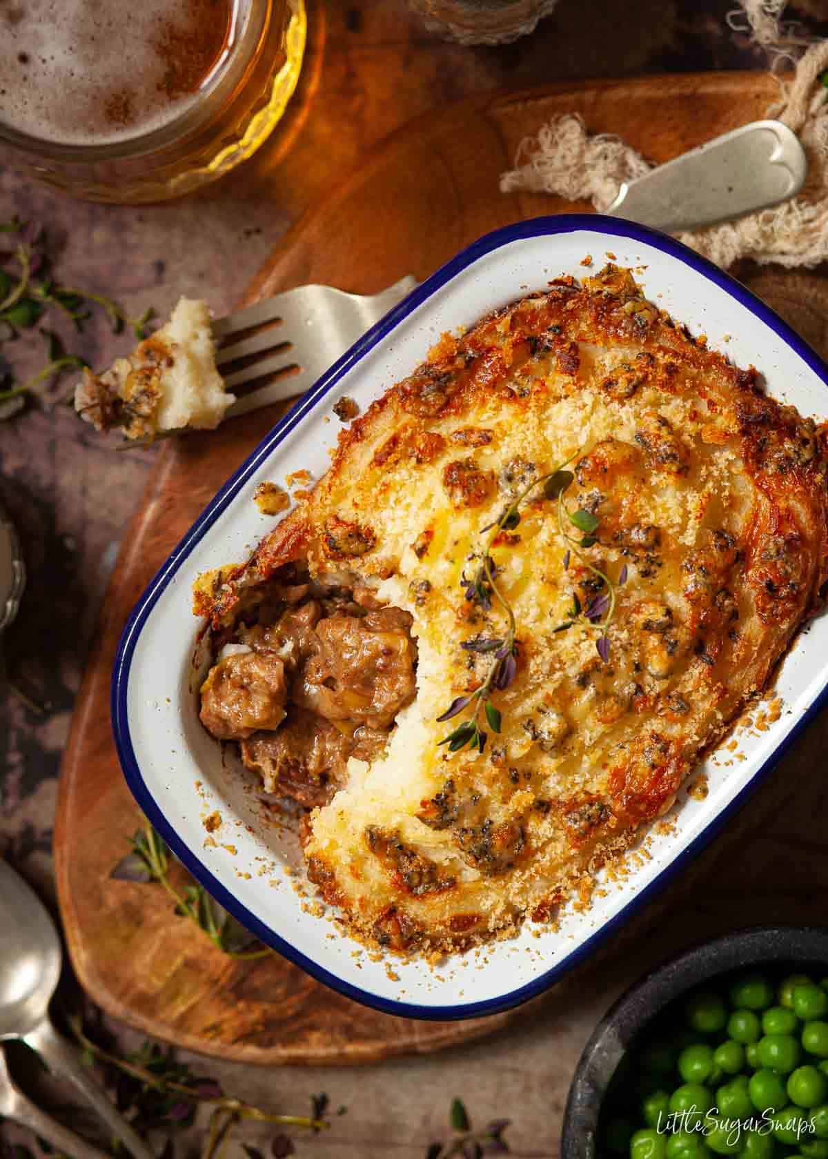 A part eaten pot of Nottinghamshire pie with beef, stilton and leeks.