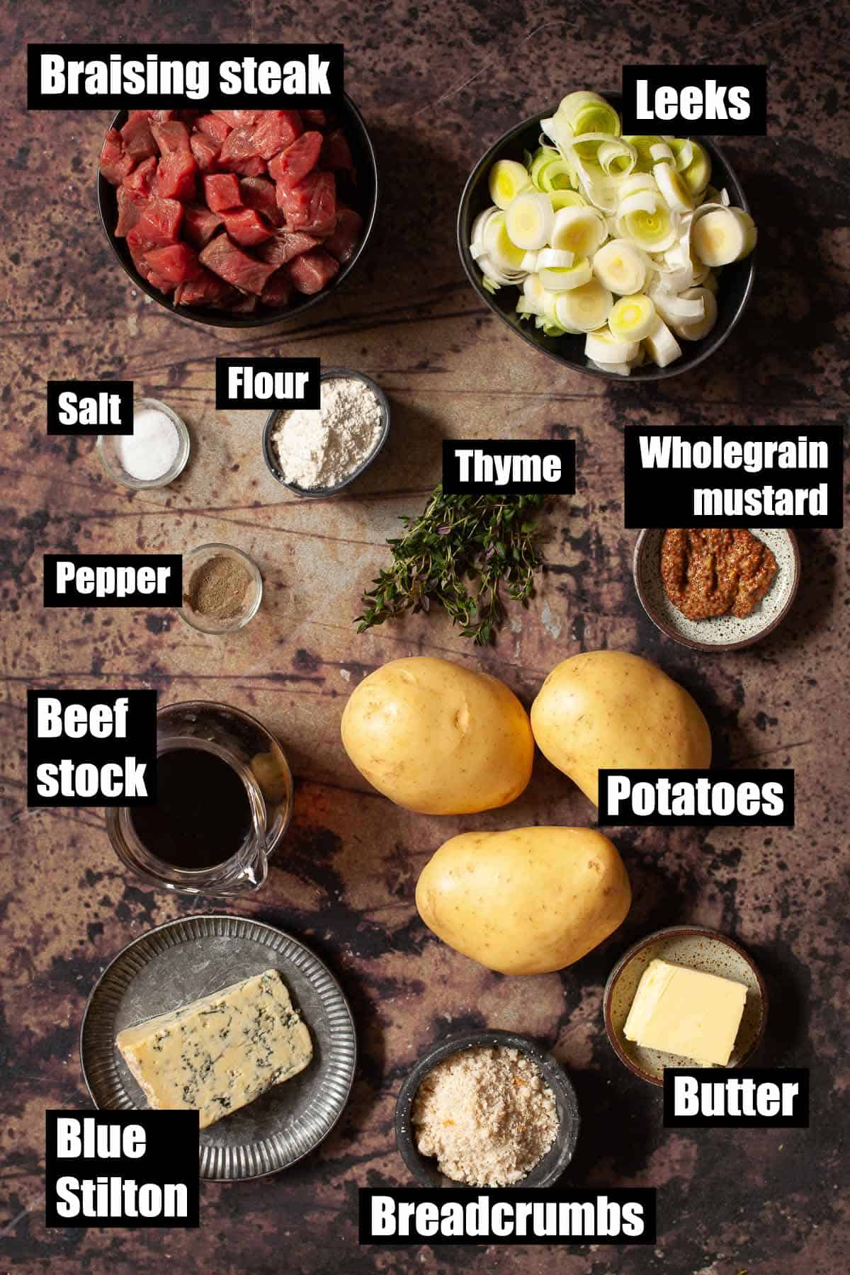 Ingredients for Nottinghamshire pie with text overlay.