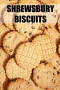 Close up of Shrewsbury biscuits with text overlay.