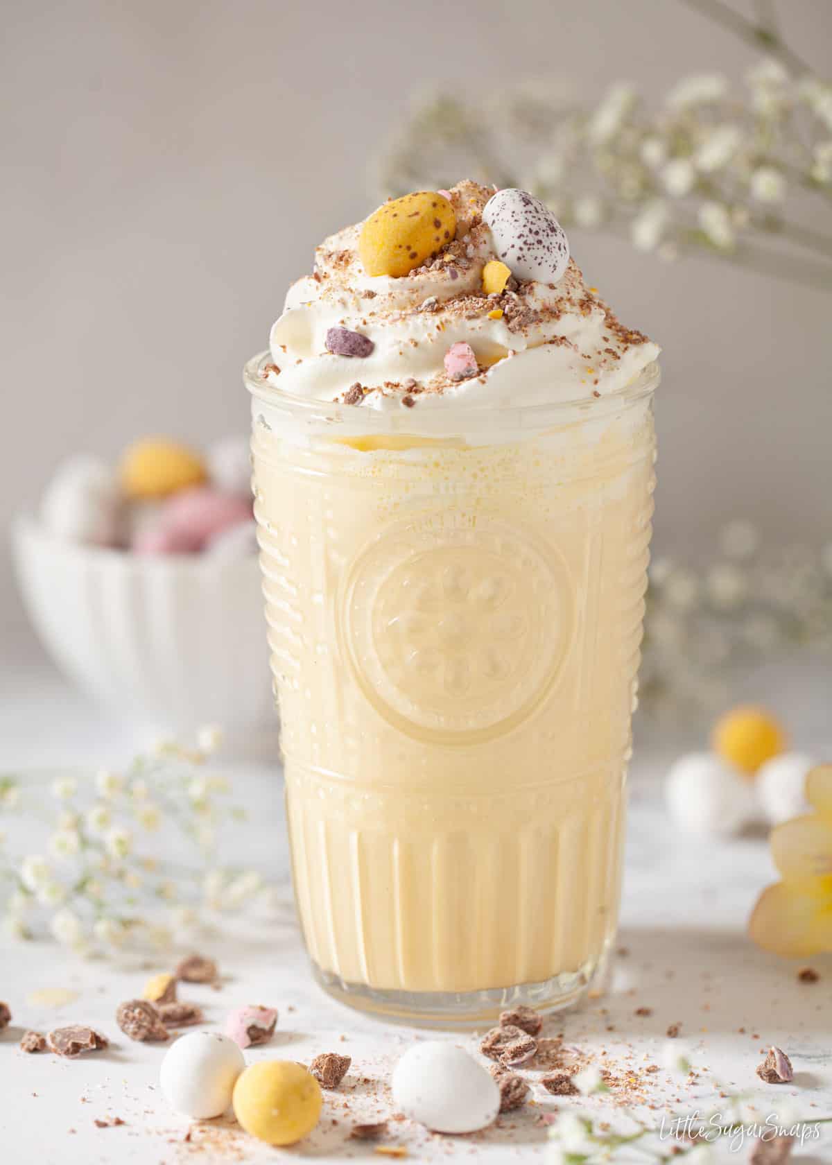 A boozy milkshake made with advocaat and topped with cream and crushed Easter chocolates.