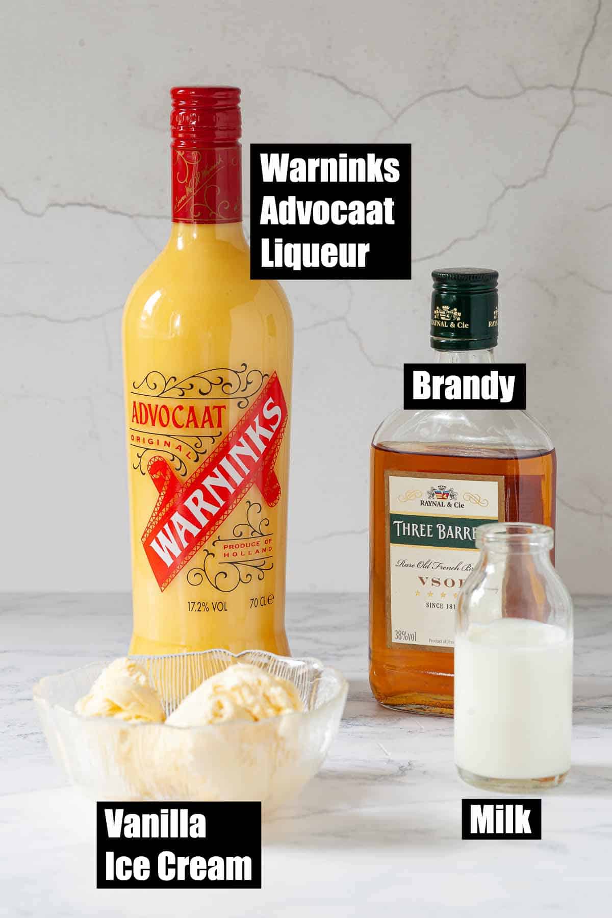 Ingredients for an alcoholic ice cream drink with text overlay.