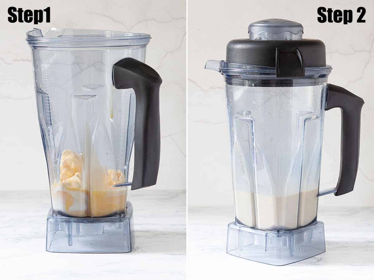 Collage of images showing a drink being made in a blender.