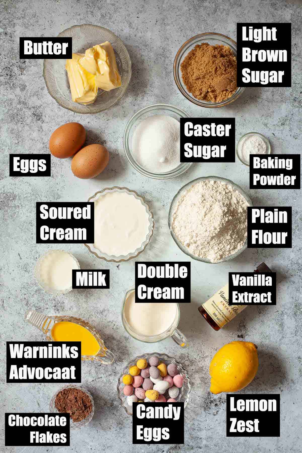 Ingredients for a cake with text overlay.