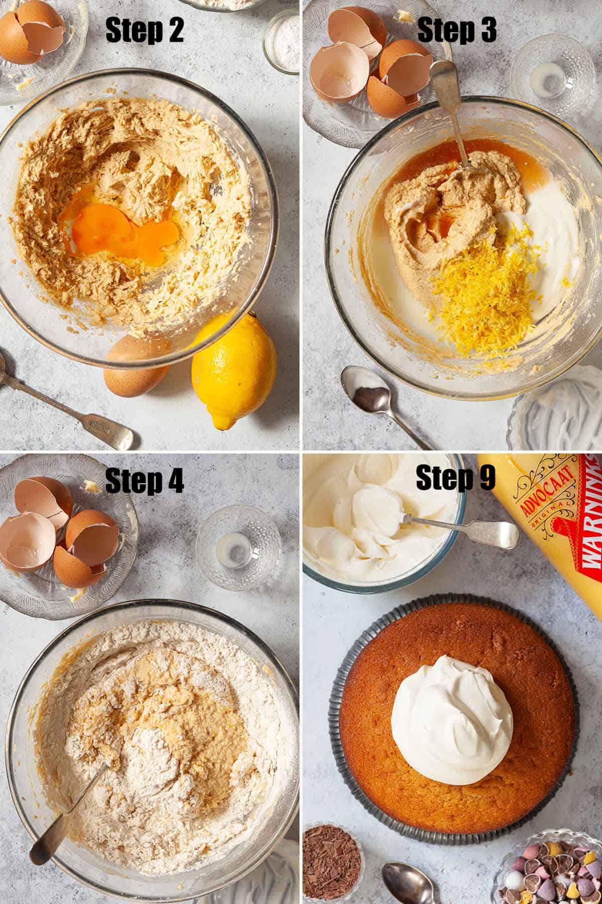 Collage of images showing a yellow sponge cake being made.