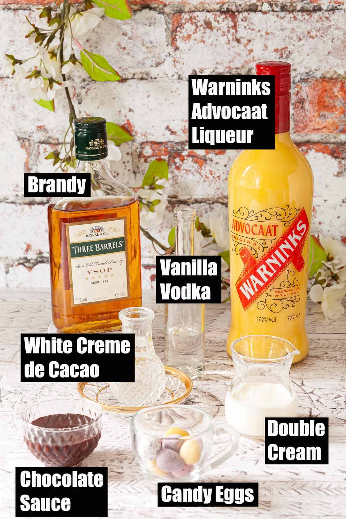 Ingredients for an Easter cocktail with text overlay.