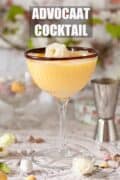 A cocktail made using advocaat and garnished with a flower plus text overlay.