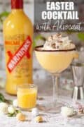 Advocaat Easter cocktail with cream and candy egg garnish plus text overlay.