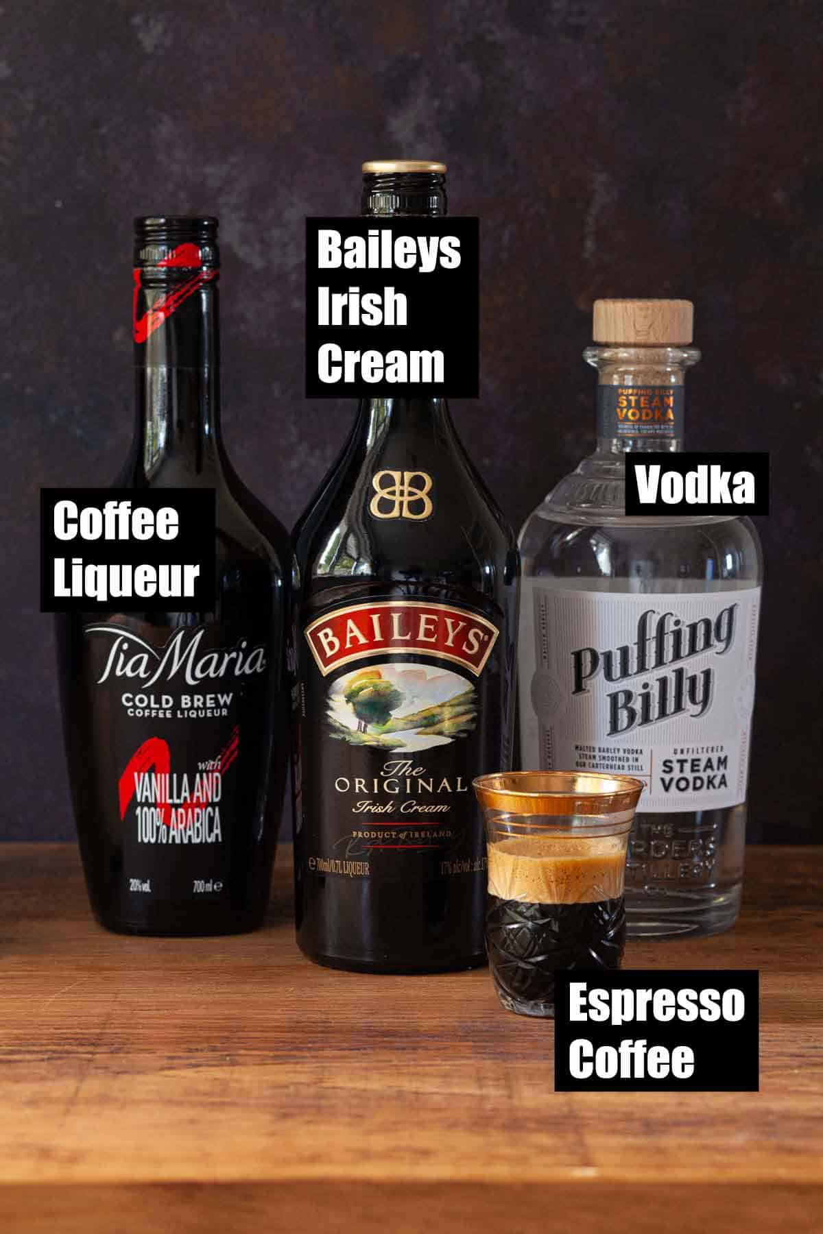 Ingredients for and Irish Cream and coffee cocktail with text overlay.
