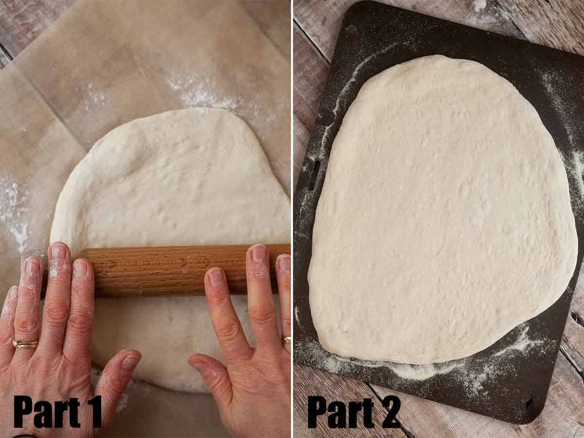 Collage of images showing pizza crust being shaped.
