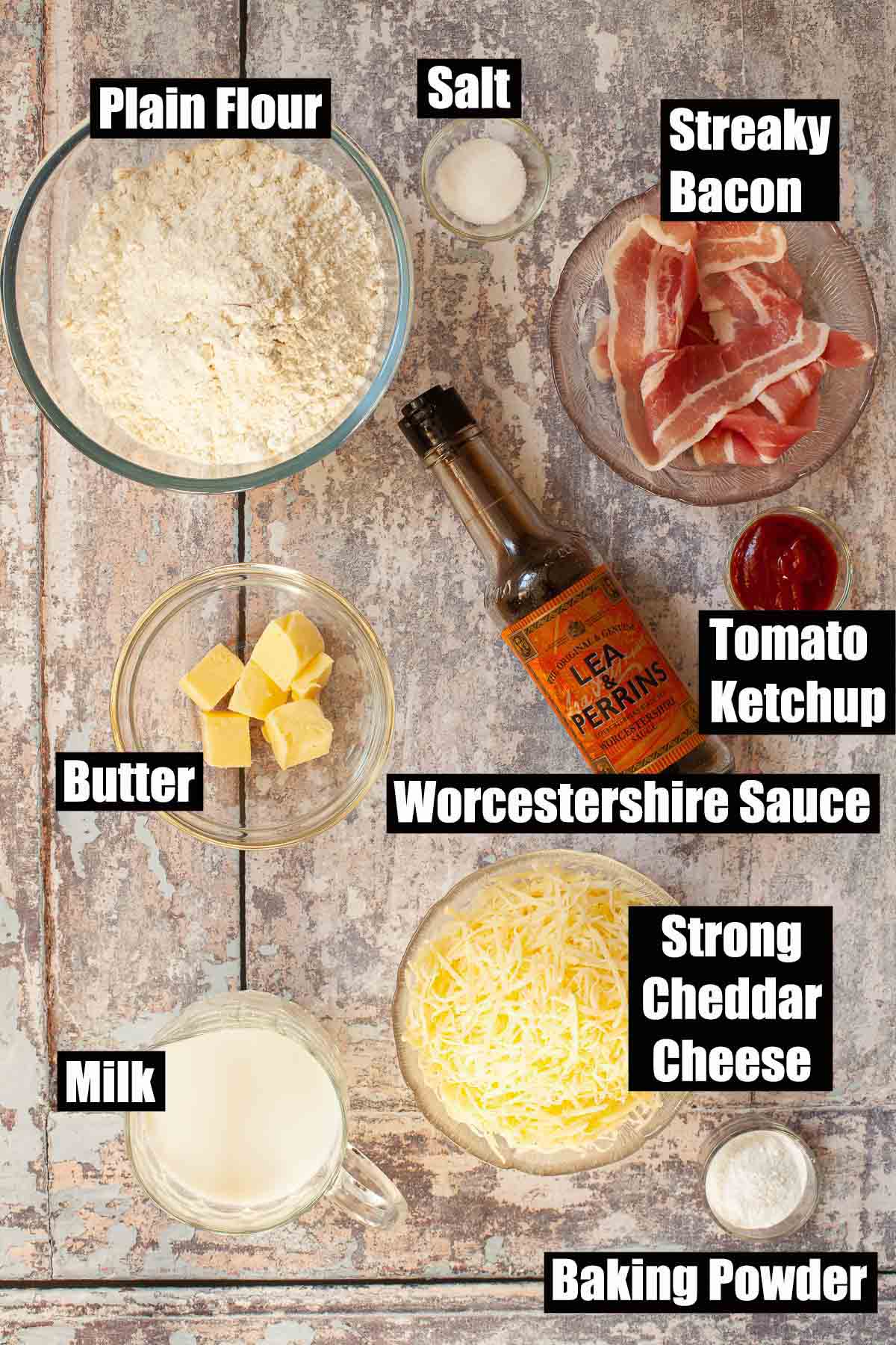 Ingredients for a savoury cake with text overlay.
