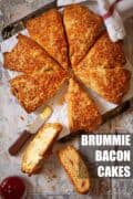 Freshly baked Brummie bacon cakes with text overlay.