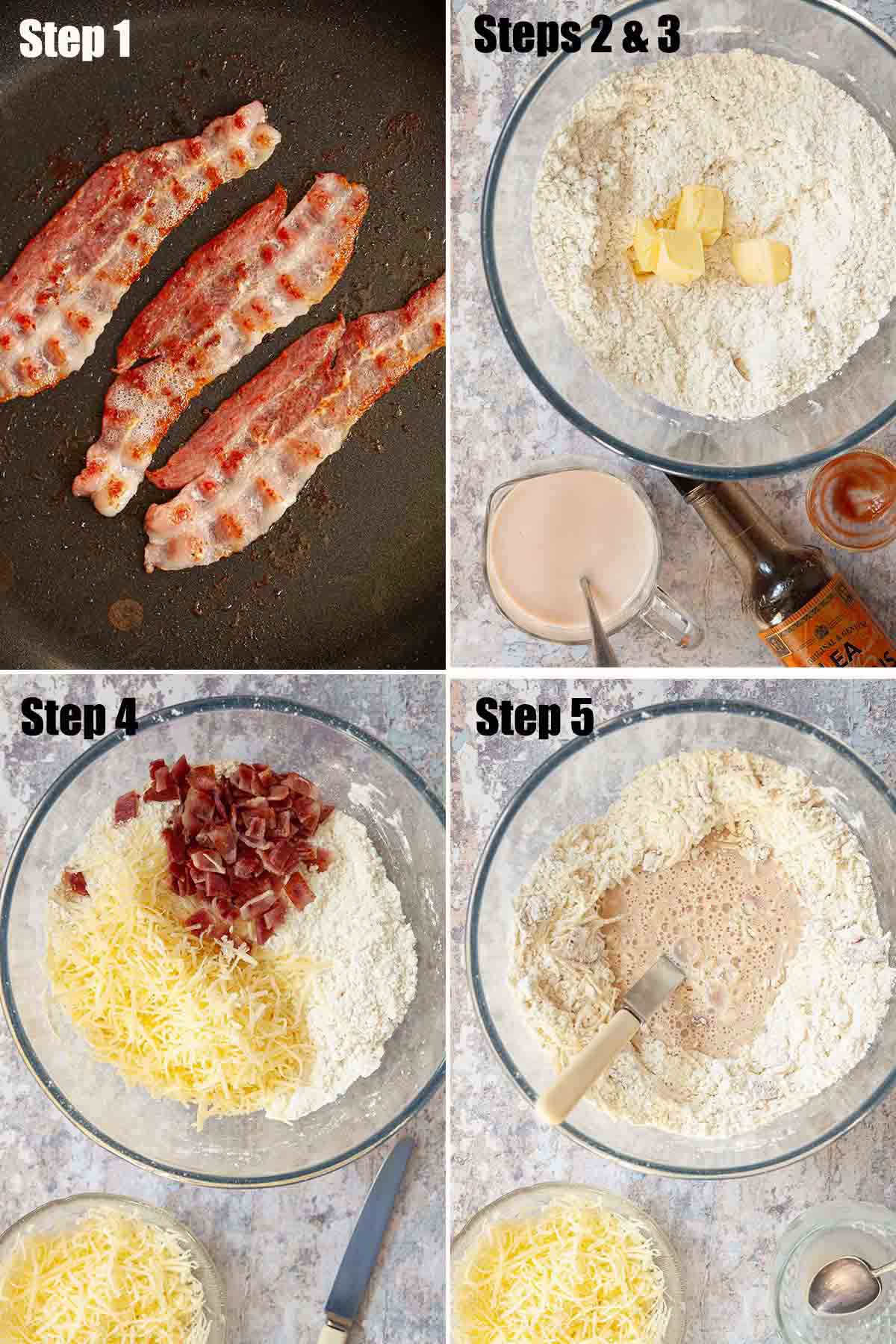 Collage of images showing cheese and bacon scones being made.