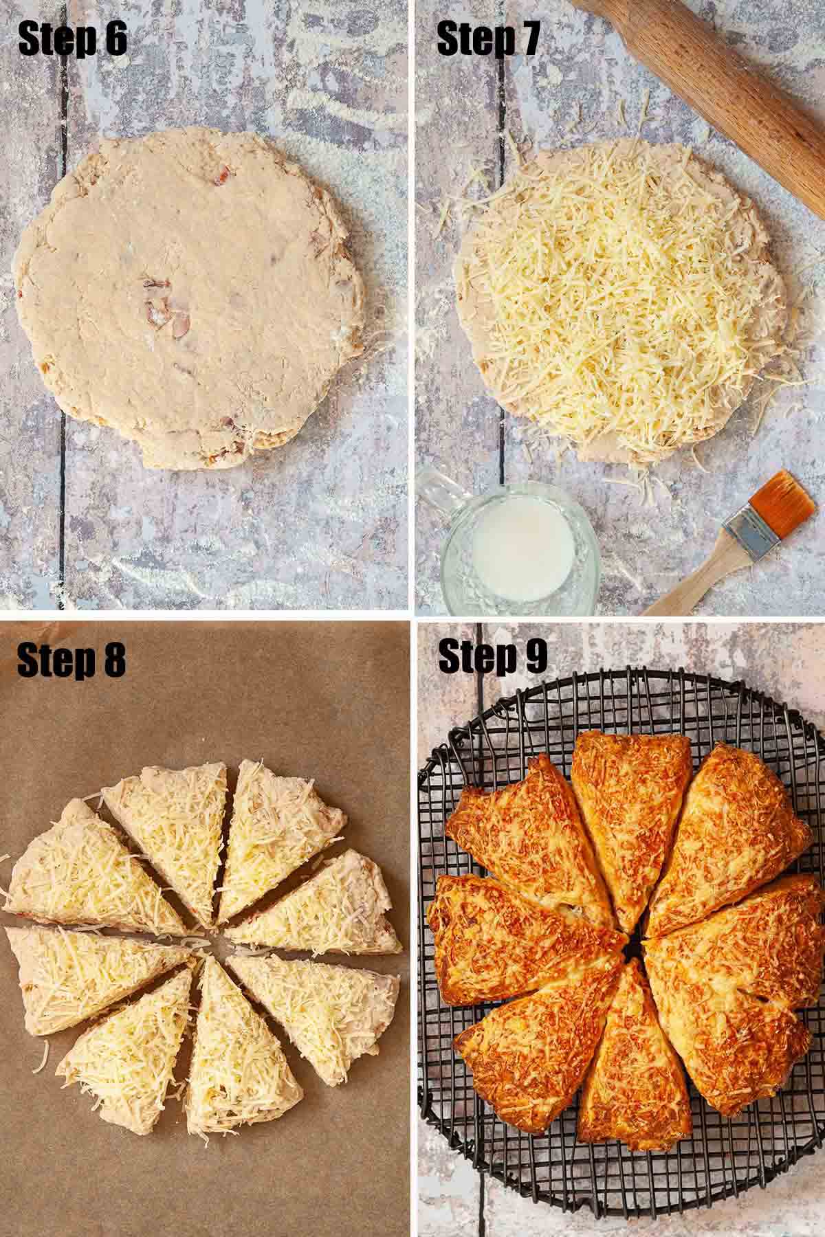 Collage of images showing eggless scones with cheese and bacon being made.