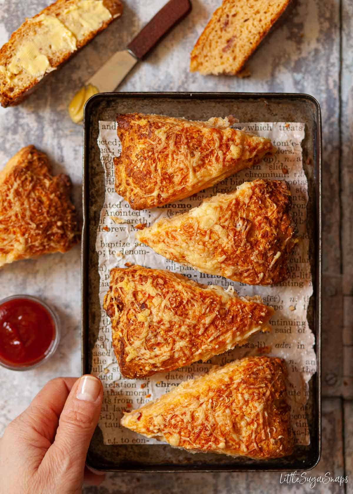 A tray of Brummie bacon cakes (cheese and bacon scones).