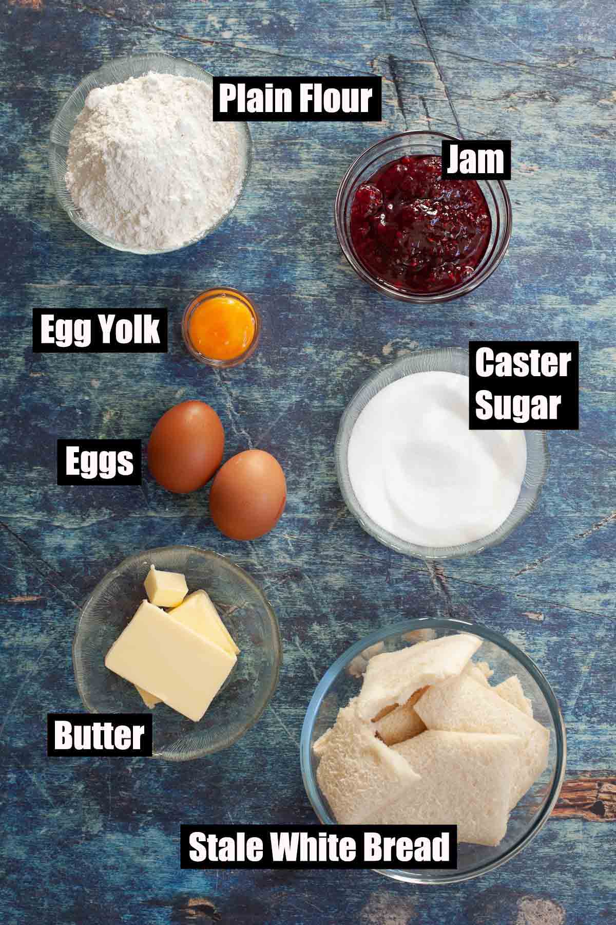 Ingredients for a pastry tart with text overlay.