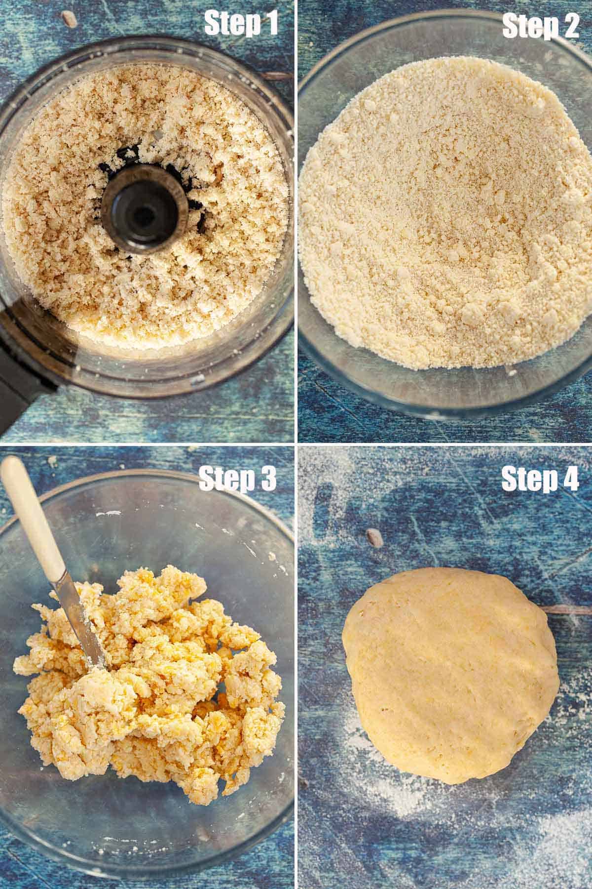 Collage of images showing breadcrumbs and pastry being made.