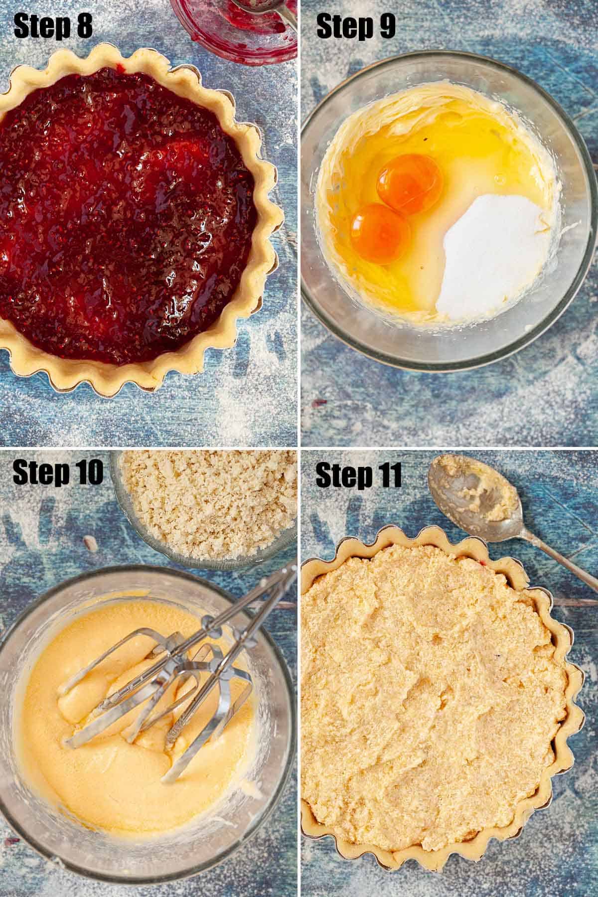 Collage of images showing a pastry tart being filled.