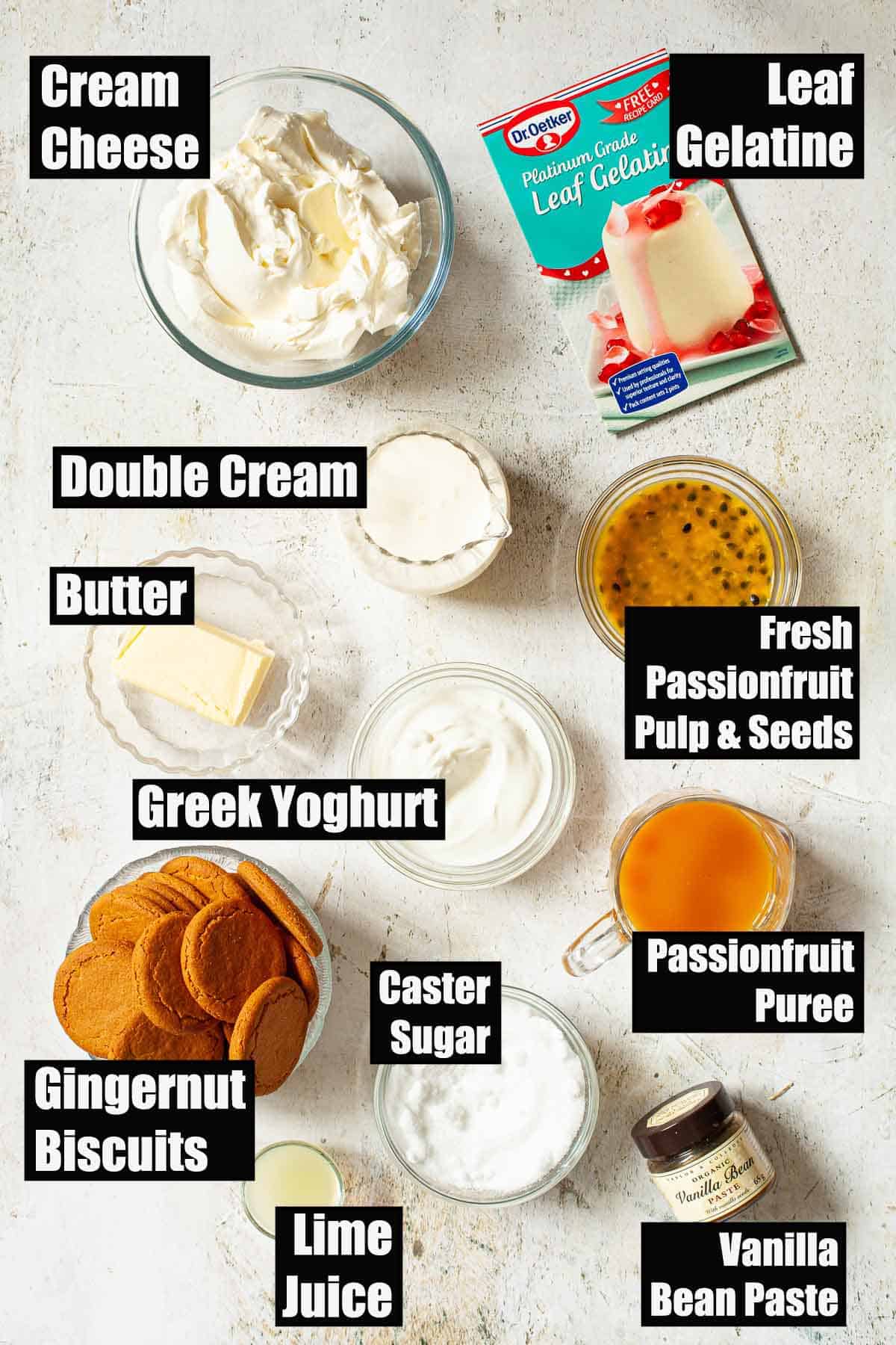 Ingredients for a no bake passionfruit cheesecake with text overlay.