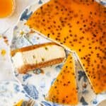 Closeup of passionfruit cheesecake.