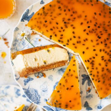 Closeup of passionfruit cheesecake.