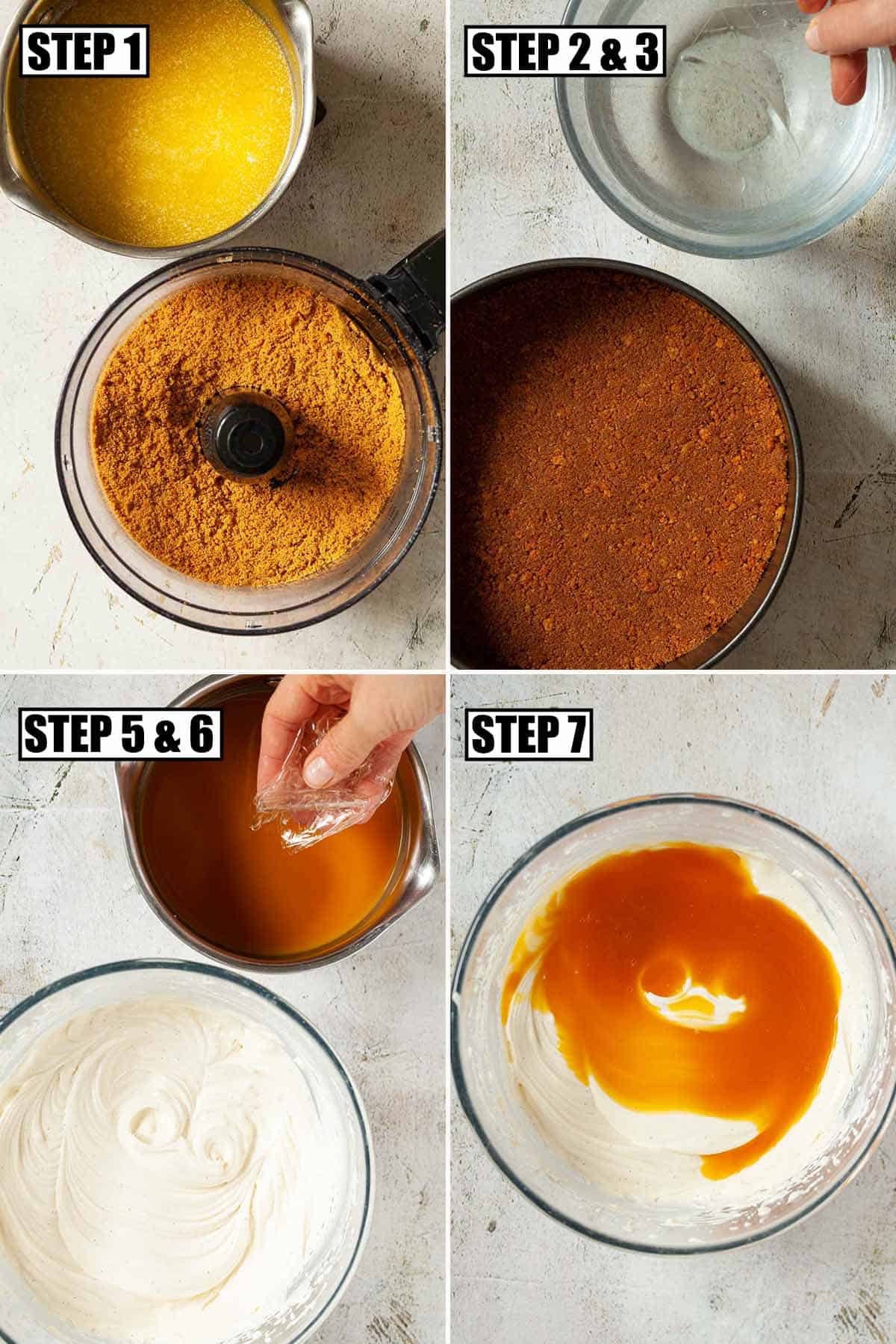 Collage of images showing a tropical creamy dessert being made.