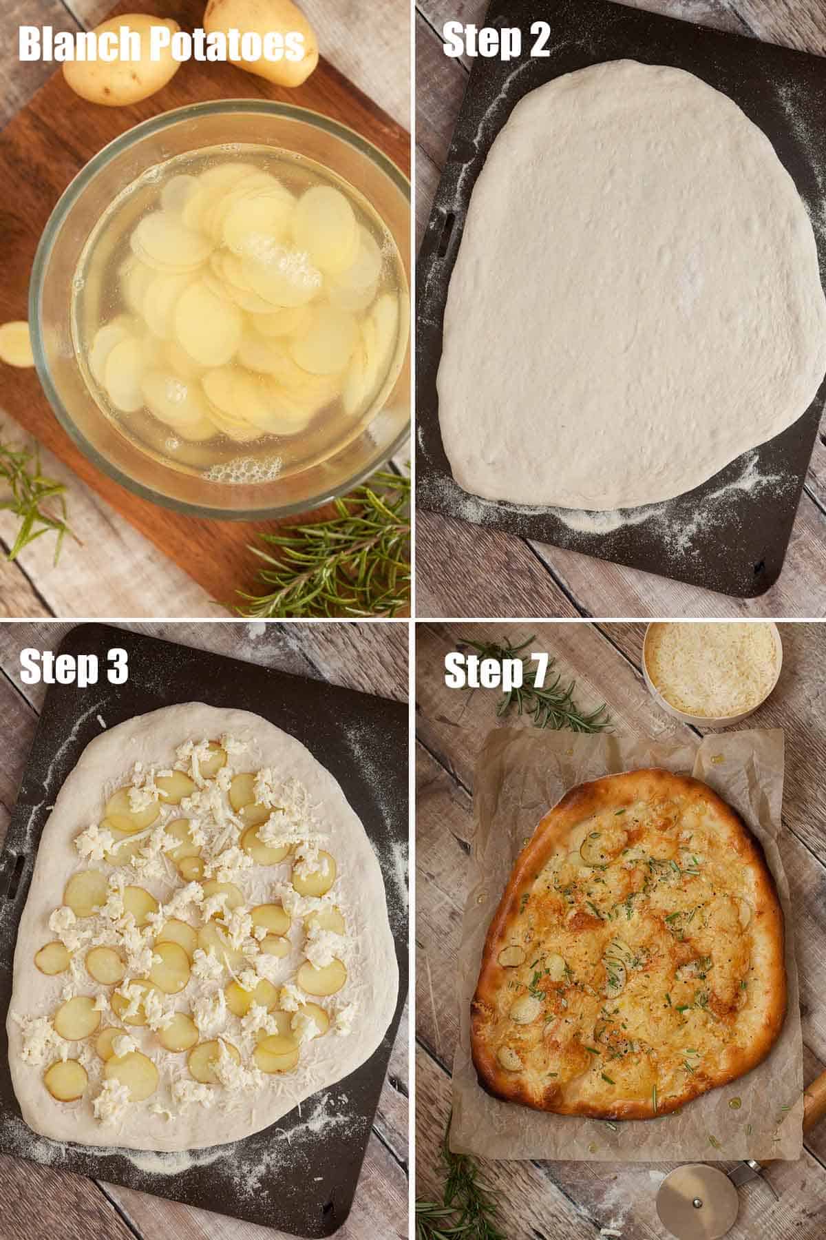 Collage of images showing a white pizza with potatoes being assembled.