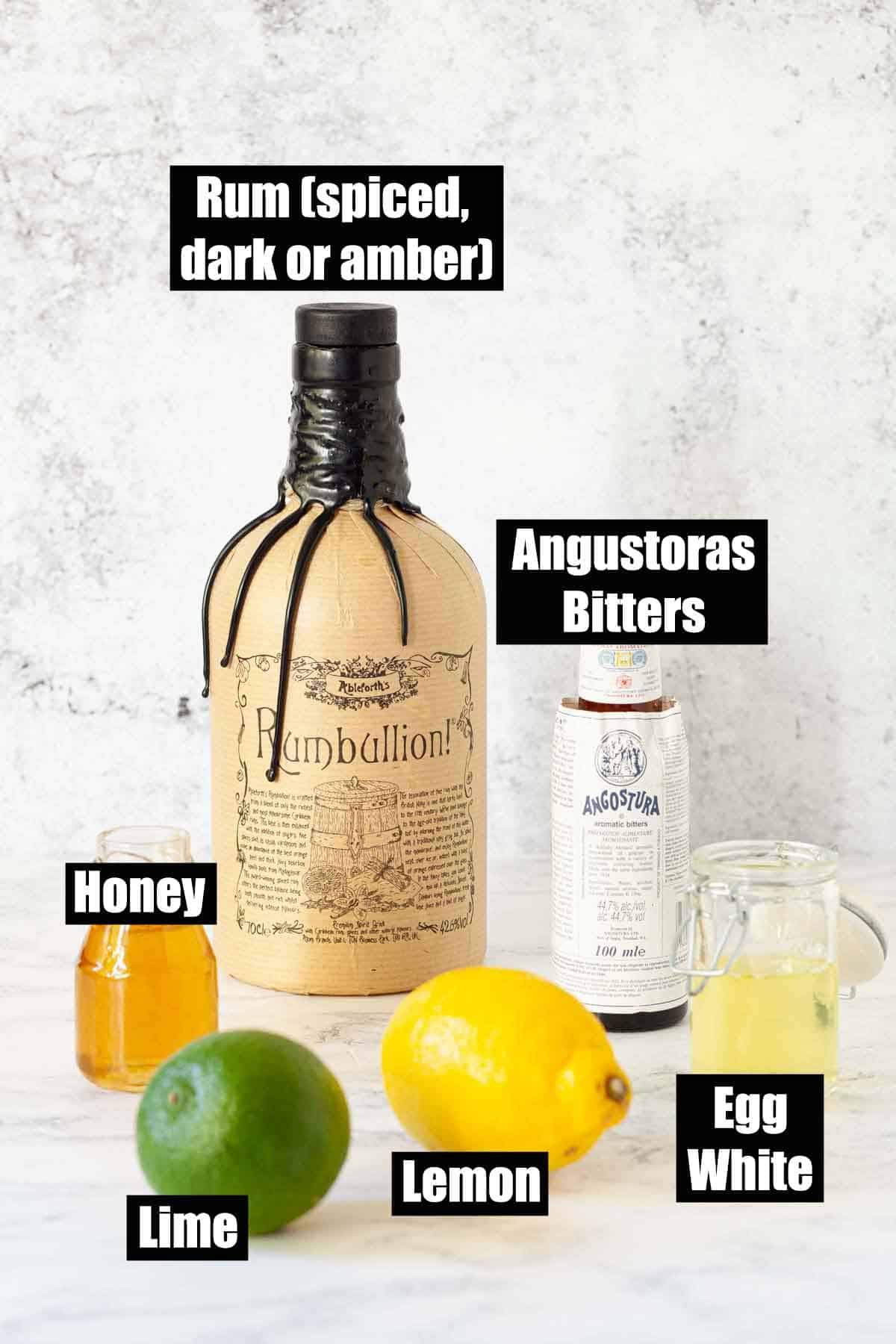 Ingredients for a rum and lemon drink with text overlay.