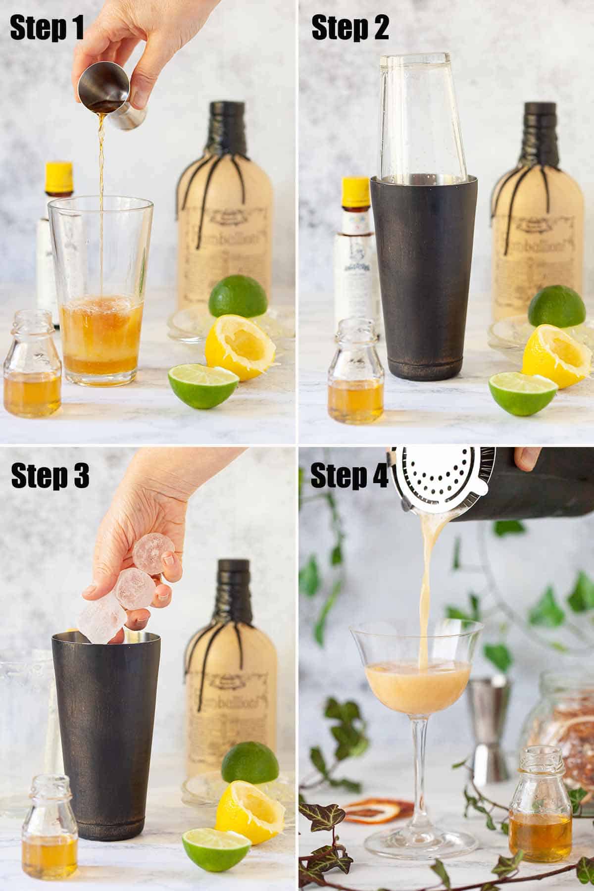 Step by step images showing a person making a sours cocktail.