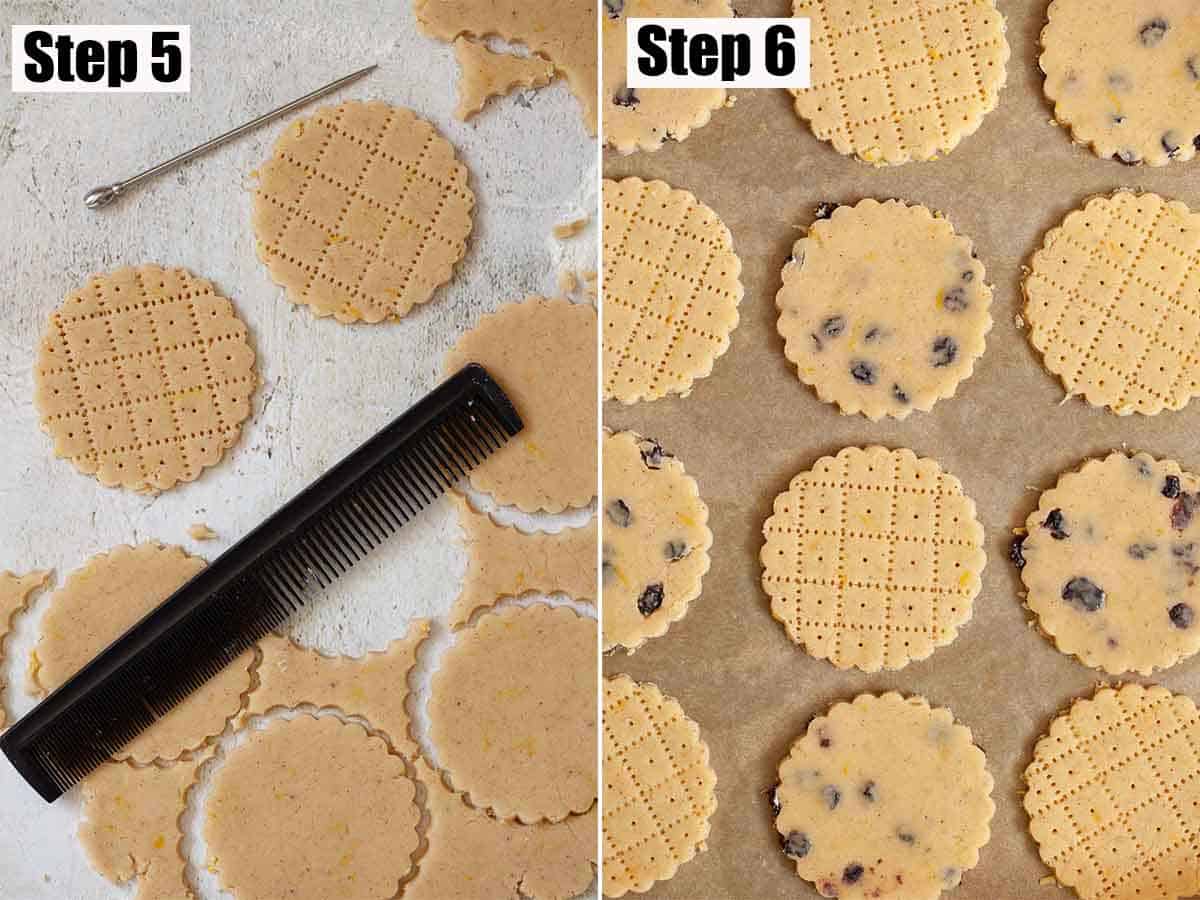 Collage of images showing shortbread cookies being rolled out, cut and decorated.