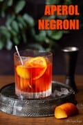 Negroni made with Aperol Bitters and garnished with olives and a slice of orange with text overlay.